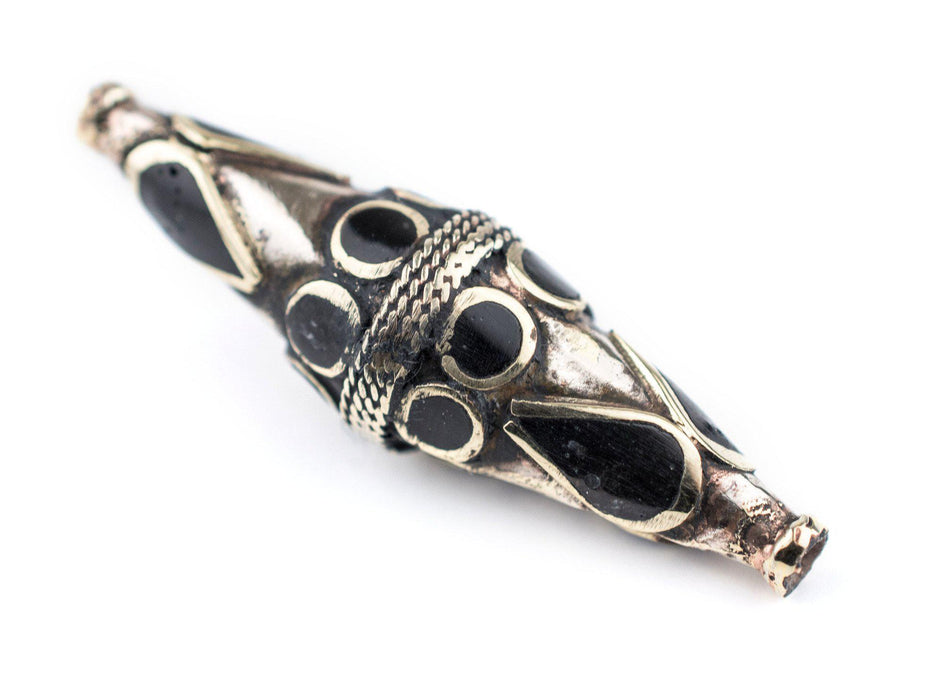 Onyx-Inlaid Elongated Afghan Tribal Silver Bead (60x18mm) - The Bead Chest