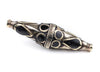 Onyx-Inlaid Elongated Afghan Tribal Silver Bead (58x14mm)