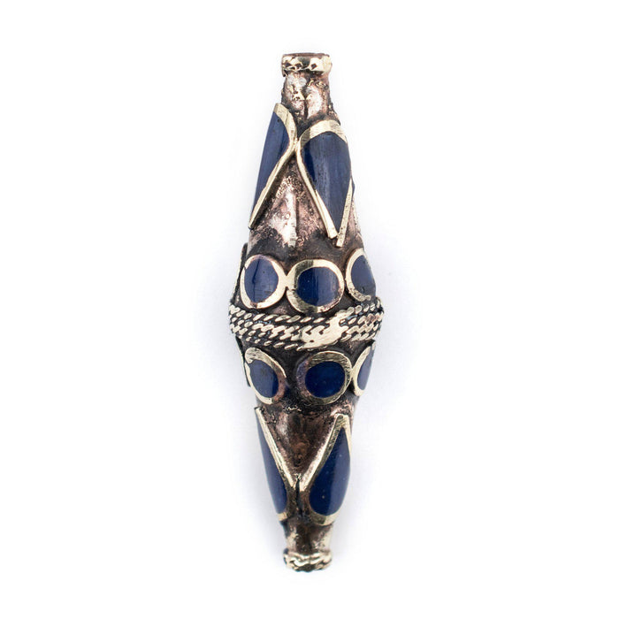 Lapis-Inlaid Elongated Afghan Tribal Silver Bead (60x18mm) - The Bead Chest
