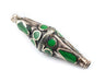 Emerald-Inlaid Elongated Afghan Tribal Silver Bead (56x17mm) - The Bead Chest
