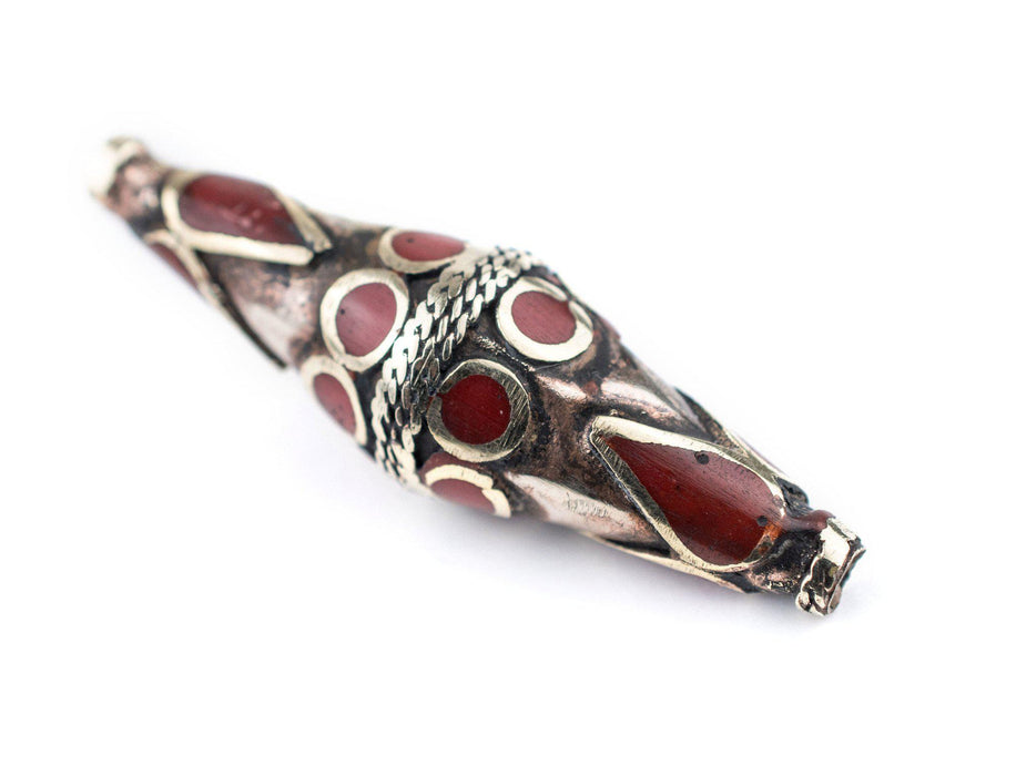 Coral-Inlaid Elongated Afghan Tribal Silver Bead (60x18mm) - The Bead Chest