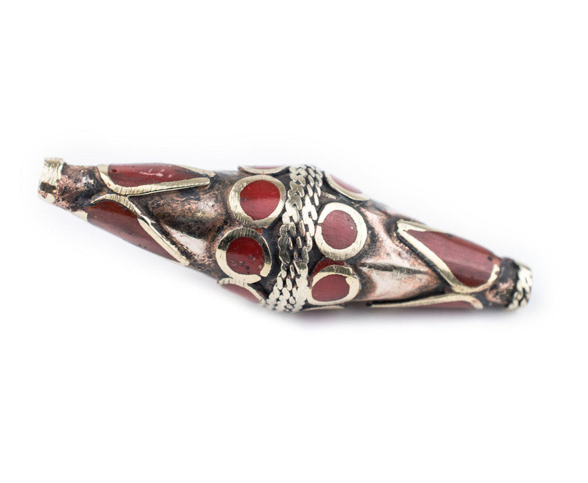 Coral-Inlaid Elongated Afghan Tribal Silver Bead (60x18mm) - The Bead Chest