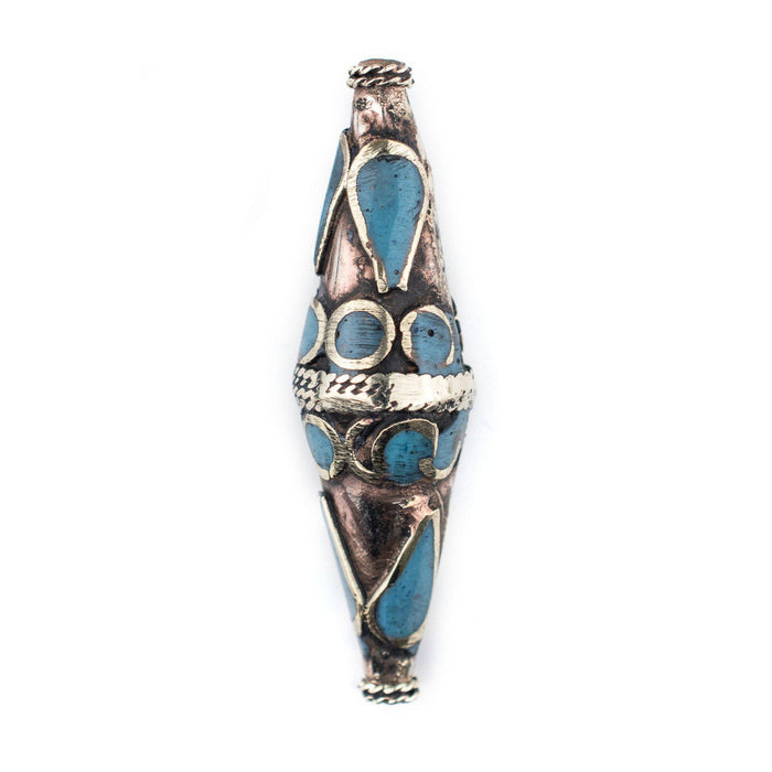 Turquoise-Inlaid Elongated Afghan Tribal Silver Bead (56x17mm) - The Bead Chest