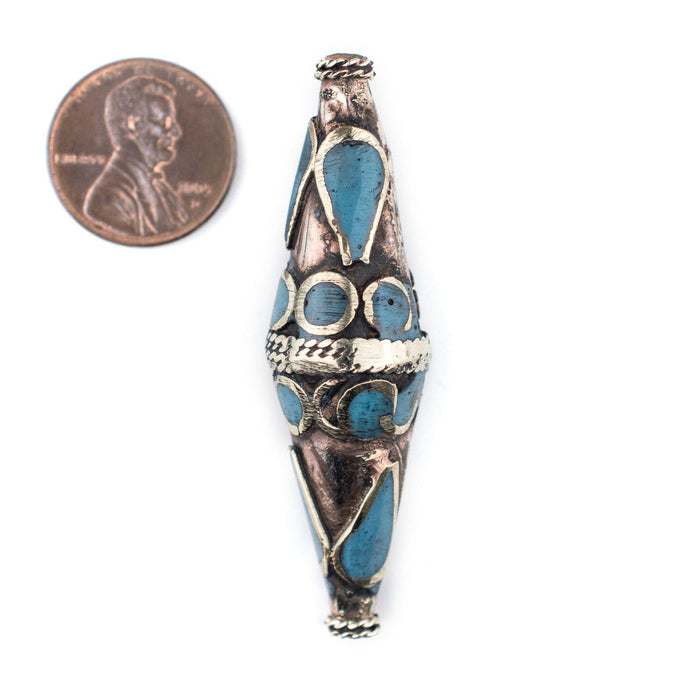 Turquoise-Inlaid Elongated Afghan Tribal Silver Bead (56x17mm) — The ...