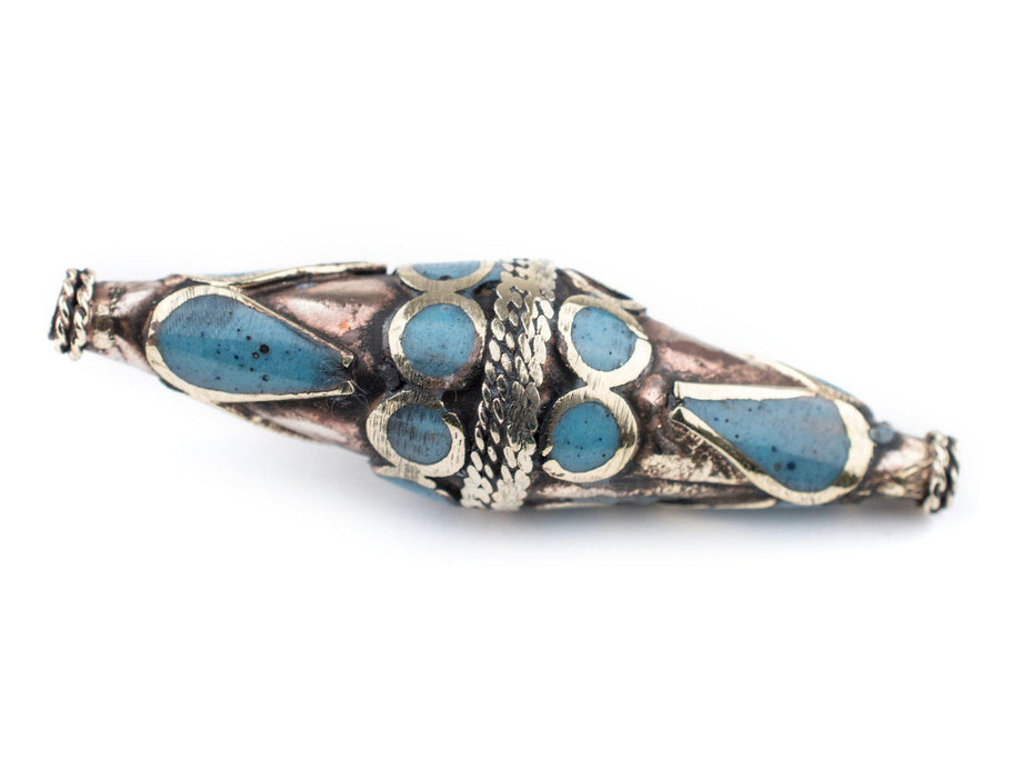 Turquoise-Inlaid Elongated Afghan Tribal Silver Bead (56x17mm) — The ...