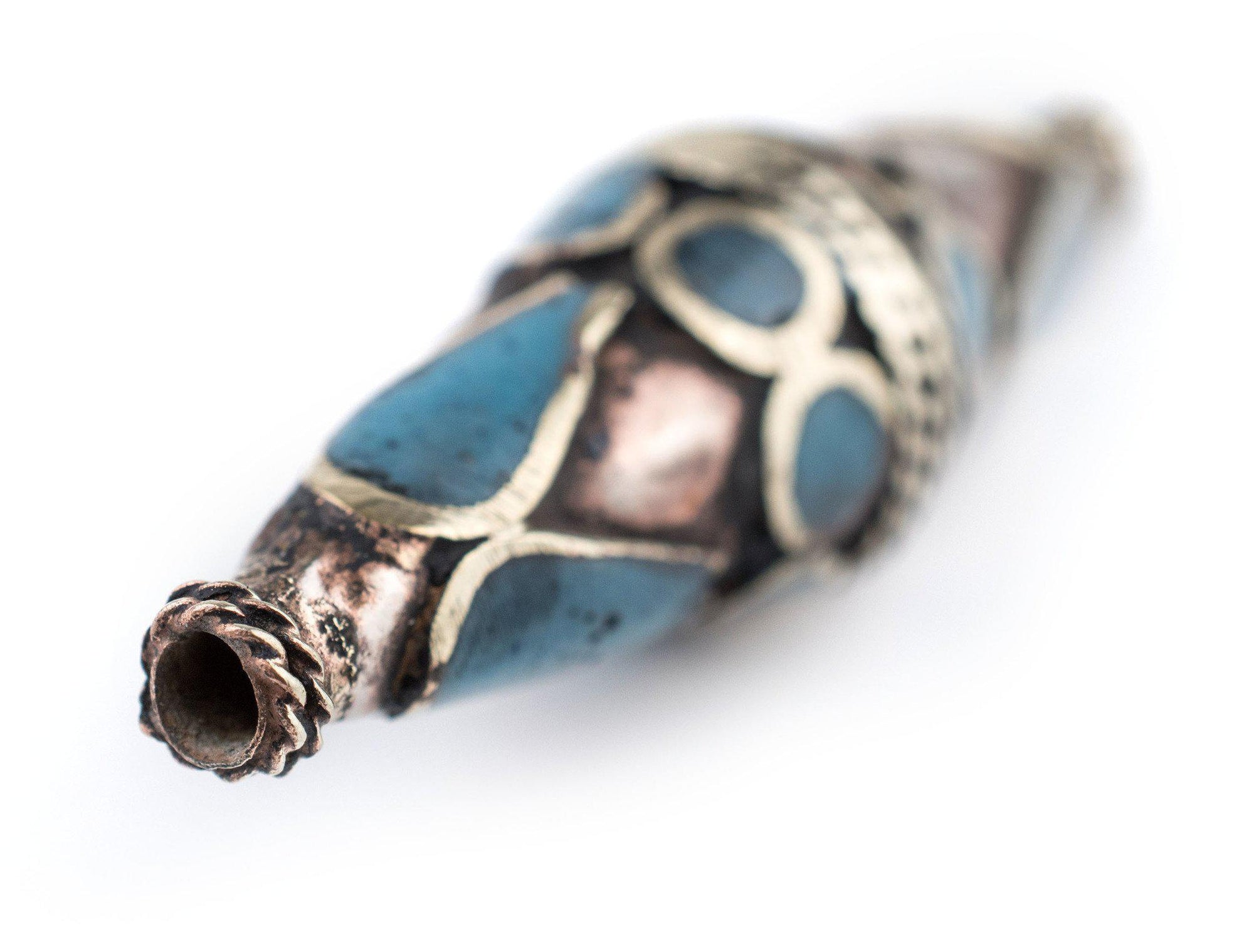 Turquoise-Inlaid Elongated Afghan Tribal Silver Bead (56x17mm) — The ...