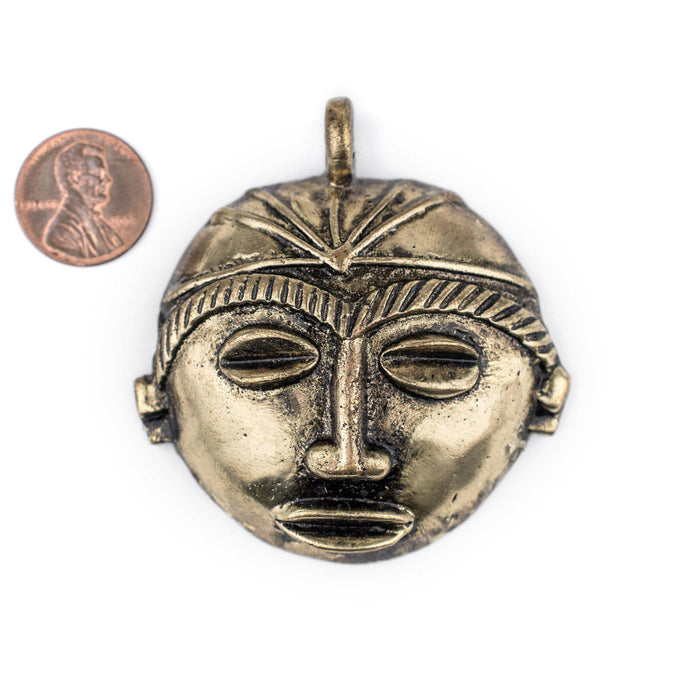 Round African Brass Mask Pendant (58x62mm) - The Bead Chest