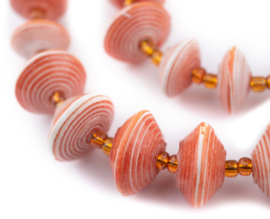 Red and White Stripe Recycled Paper Beads from Uganda (Large) - The Bead Chest
