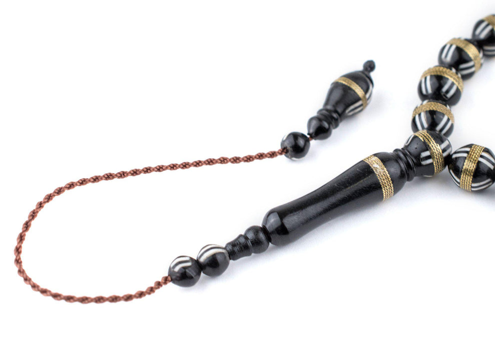 Black French Cross Round Brass-Inlaid Arabian Prayer Beads - The Bead Chest