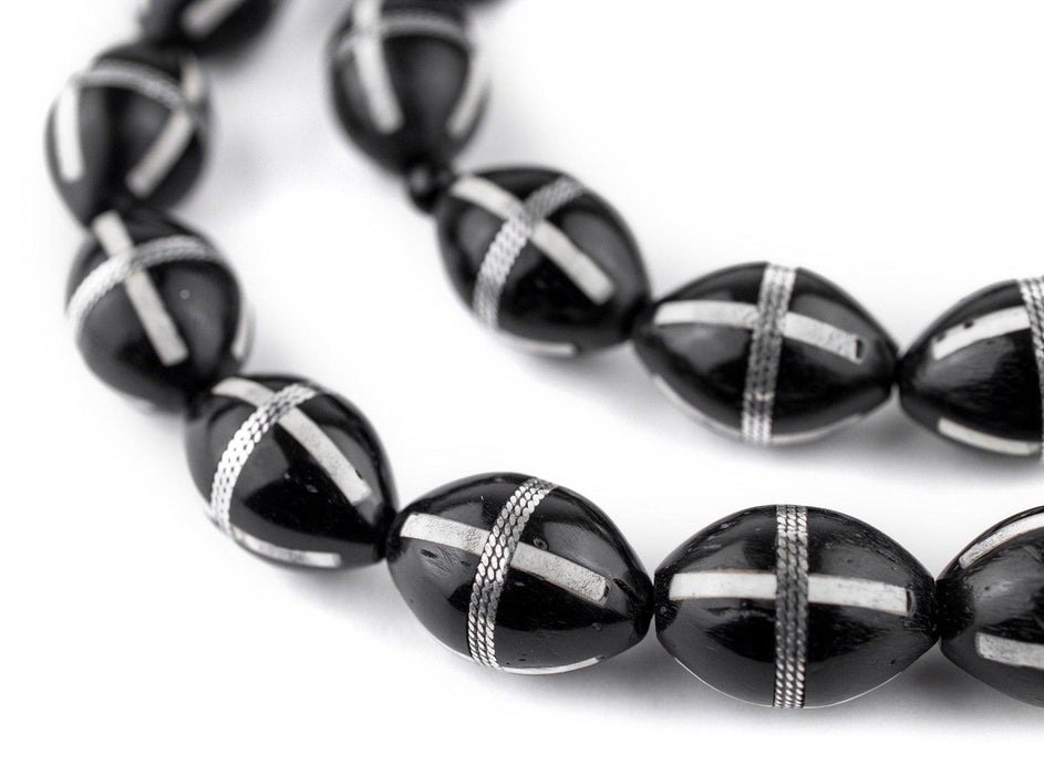 Black French Cross Silver-Inlaid Oval Arabian Prayer Beads - The Bead Chest