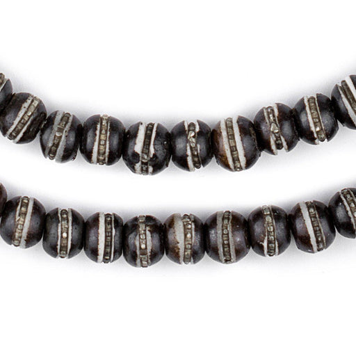 Silver-Inlaid Black Bone Mala Beads (8mm) - The Bead Chest