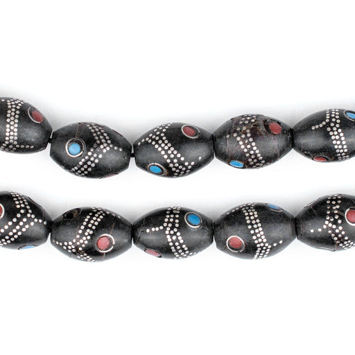 Oval Antique Silver Inlaid Black Coral Beads from Yemen (14x9mm) - The Bead Chest