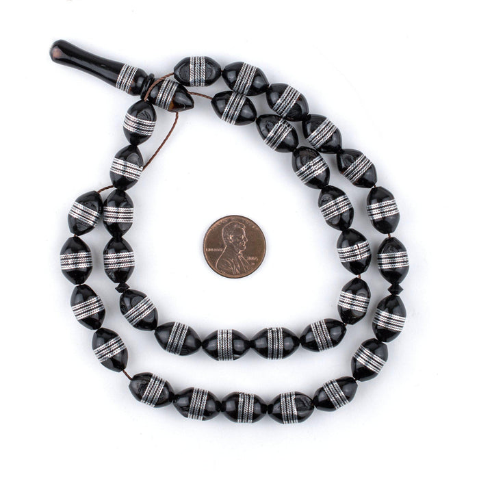 Premium Silver Inlaid Striped Oval Arabian Prayer Beads (14x9mm) - The Bead Chest