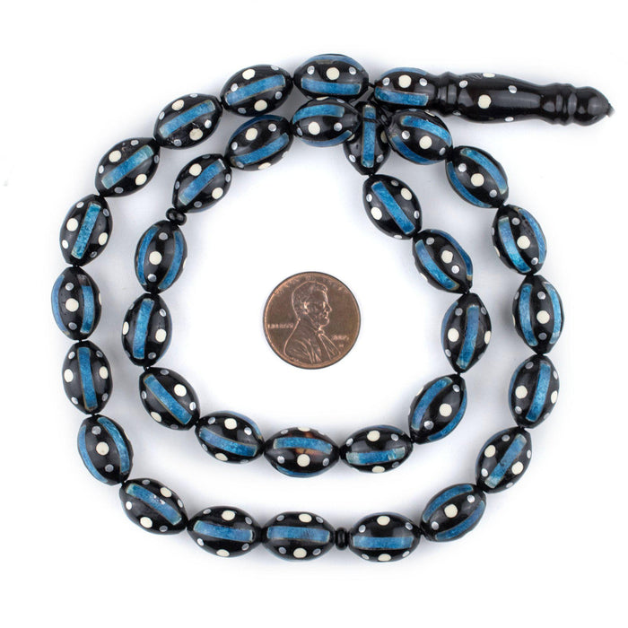 Blue & White Inlaid Oval Arabian Prayer Beads (14x9mm) - The Bead Chest