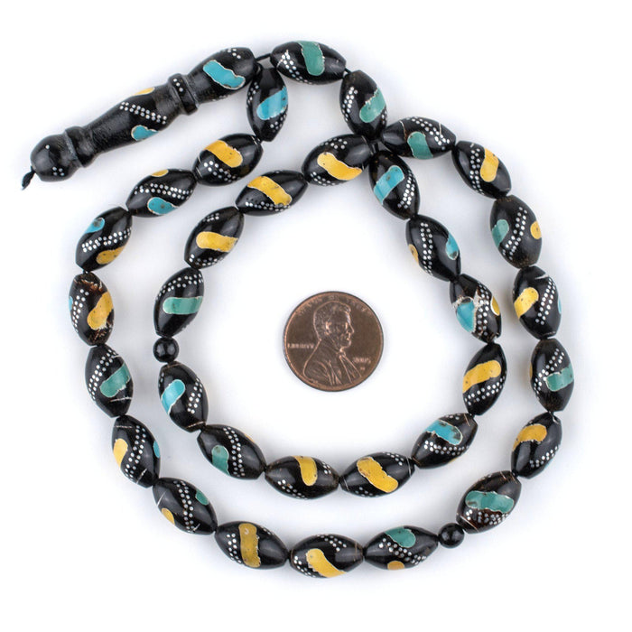 Riyadhi Silver-Inlaid Black Coral Arabian Prayer Beads (14x8mm) - The Bead Chest