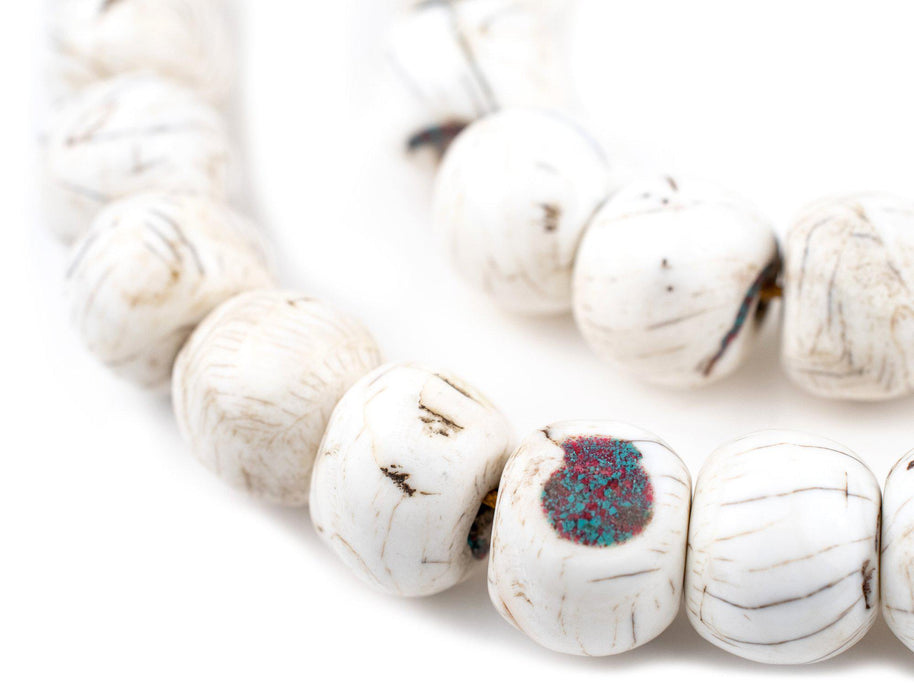 Turquoise and Coral-Inlaid Tibetan Mala Shell Beads (108 Beads) - The Bead Chest