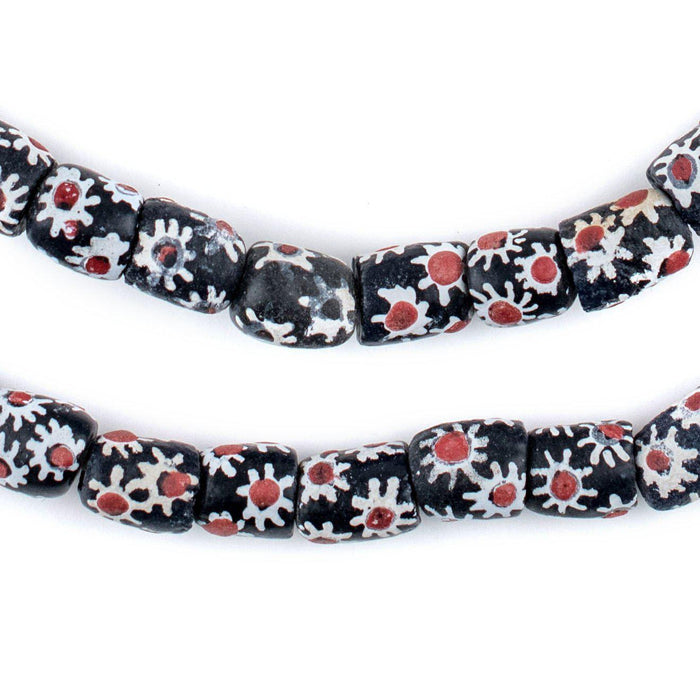Red & White Flower Krobo Beads (11x8mm) - The Bead Chest