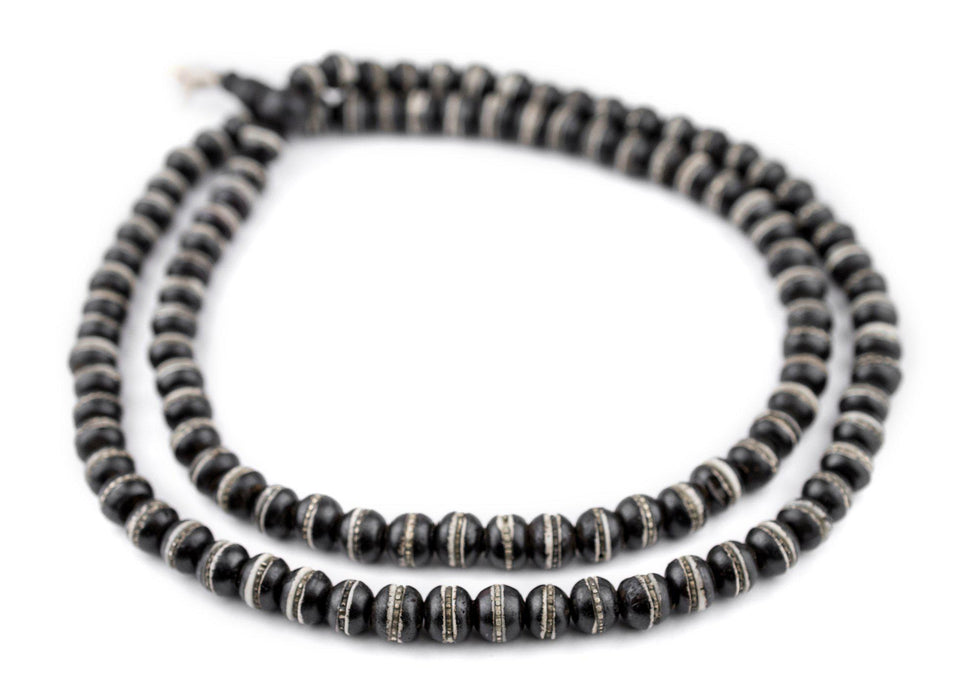 Silver-Inlaid Black Bone Mala Beads (10mm) - The Bead Chest