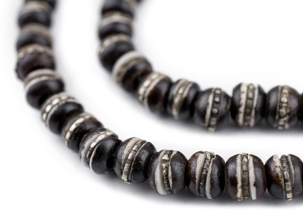 Silver-Inlaid Black Bone Mala Beads (6mm) - The Bead Chest