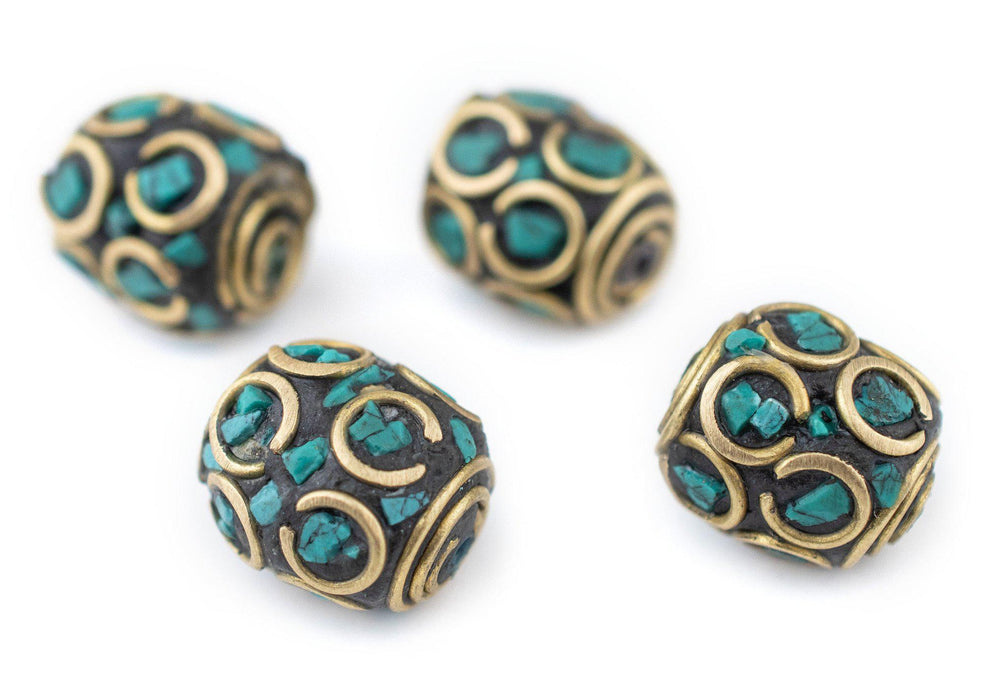 Inlaid Nepali Cylindrical Brass Beads (15mm, Set of 4) - The Bead Chest
