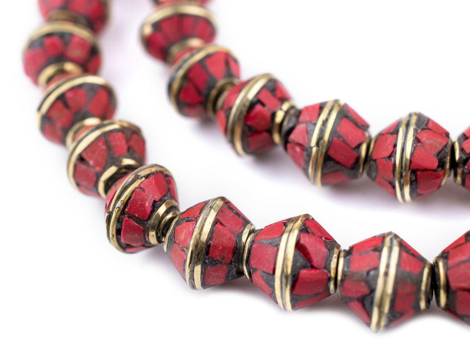 Coral Bicone Inlaid Nepali Brass Beads (10x11mm) - The Bead Chest