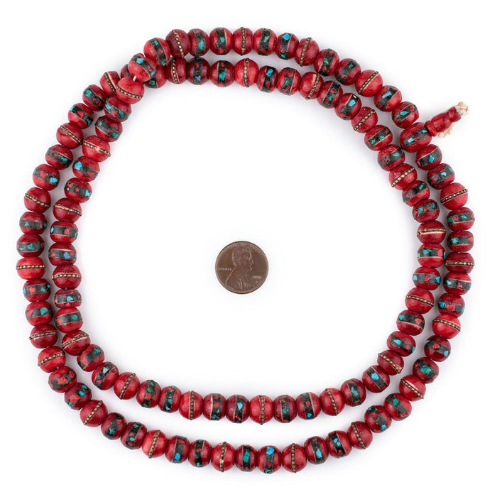 Red Inlaid Yak Bone Mala Beads (10mm) - The Bead Chest