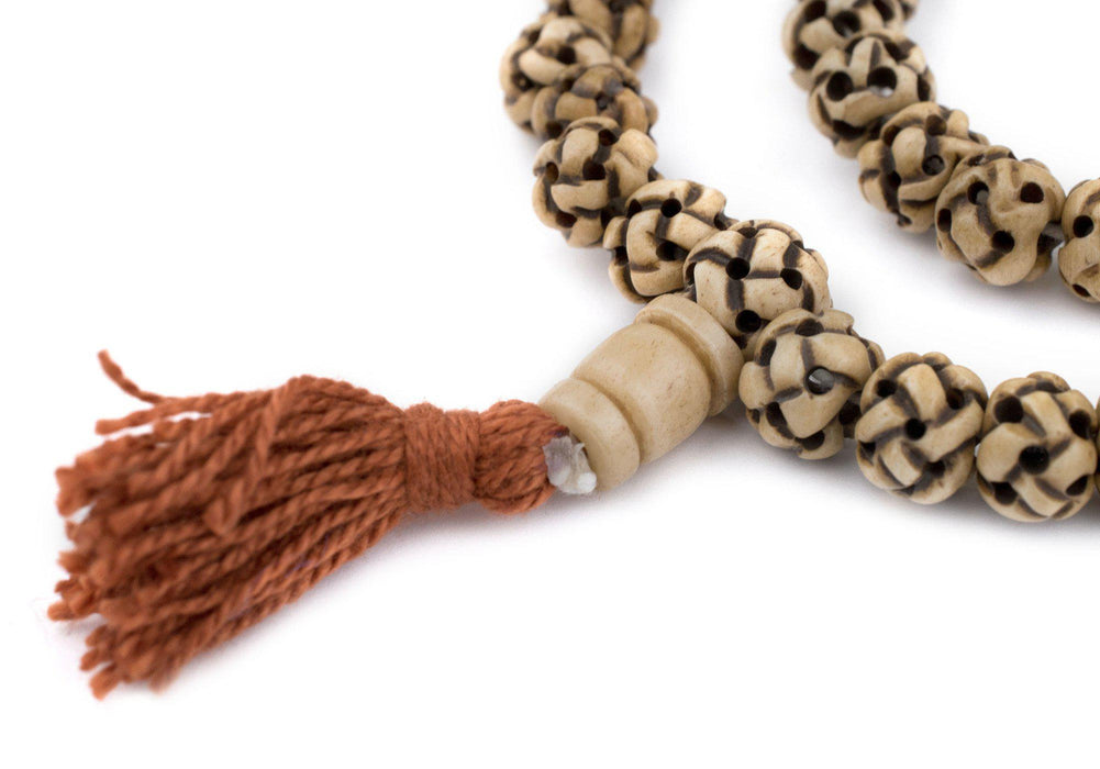 Rustic Woven Carved Bone Mala Prayer Beads (10mm) - The Bead Chest