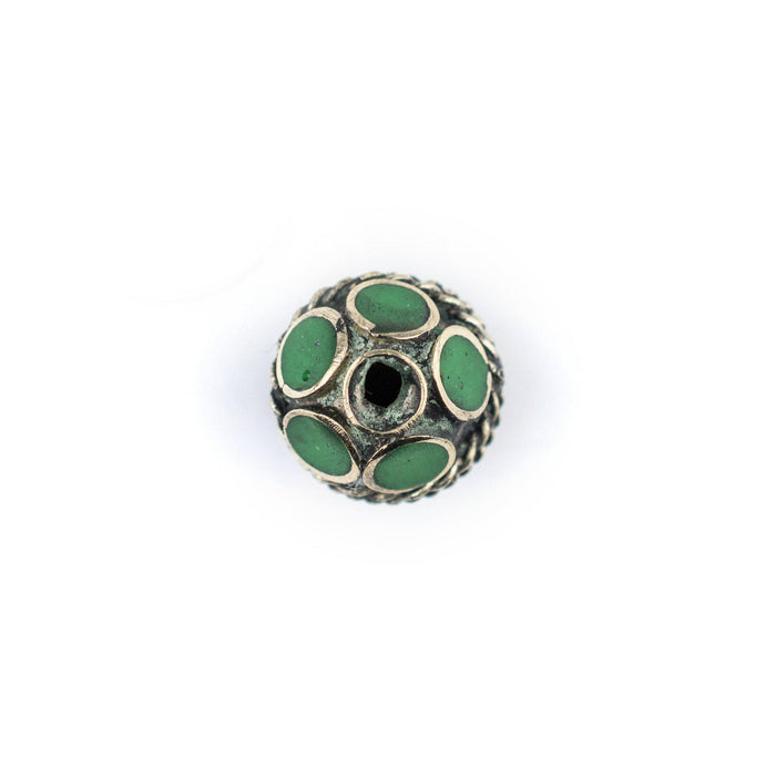 Emerald-Inlaid Afghan Tribal Silver Bead (16mm) - The Bead Chest