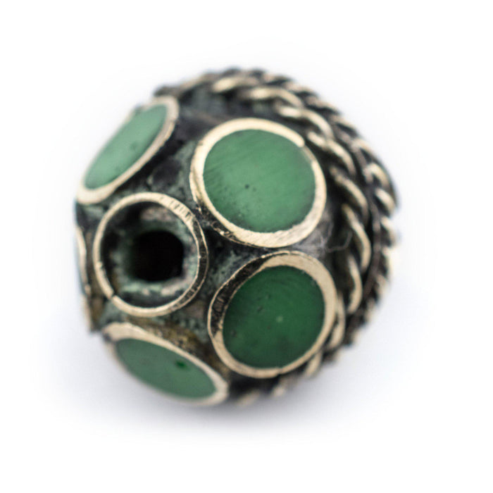Emerald-Inlaid Afghan Tribal Silver Bead (16mm) - The Bead Chest