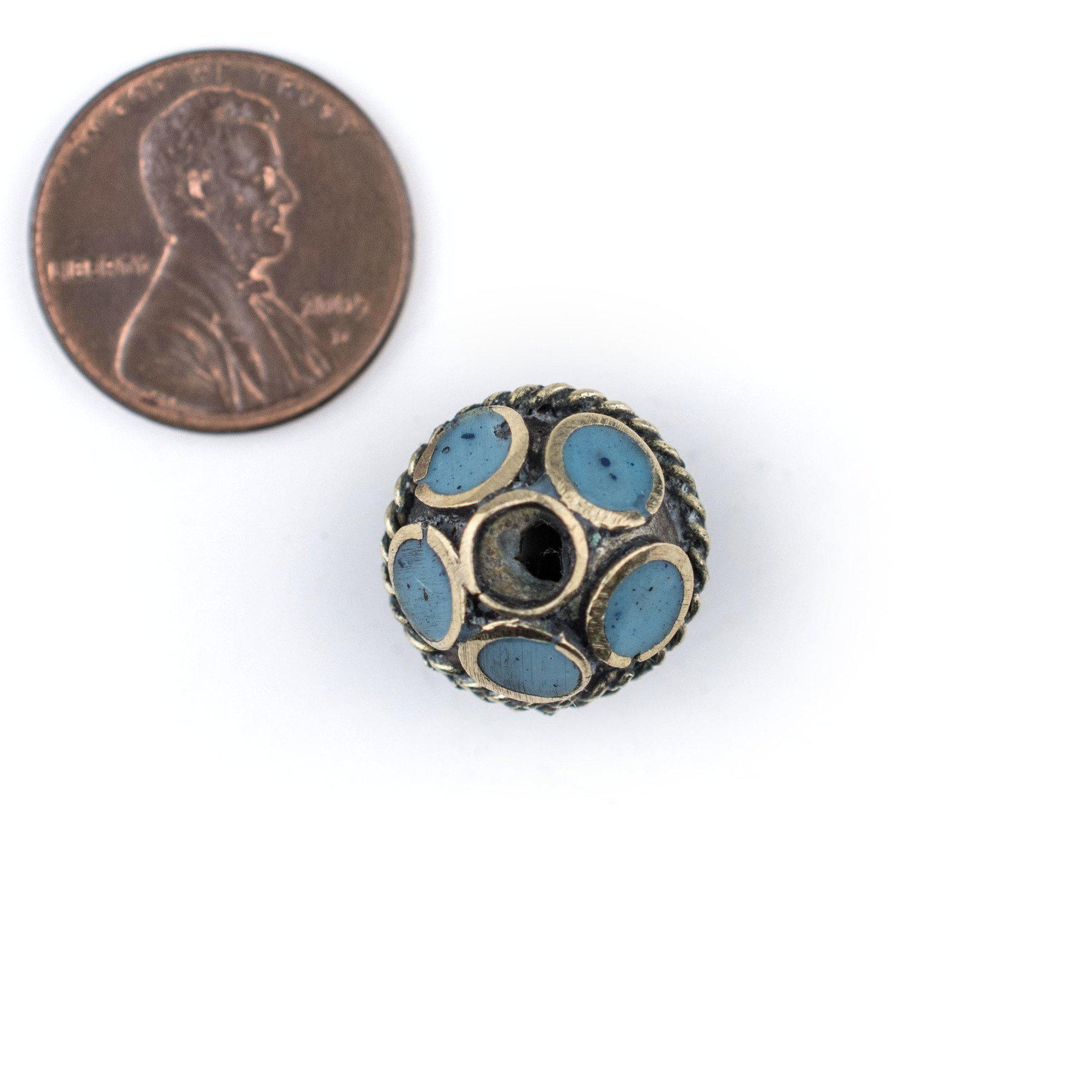 Turquoise-Inlaid Afghan Tribal Silver Bead (16mm) — The Bead Chest