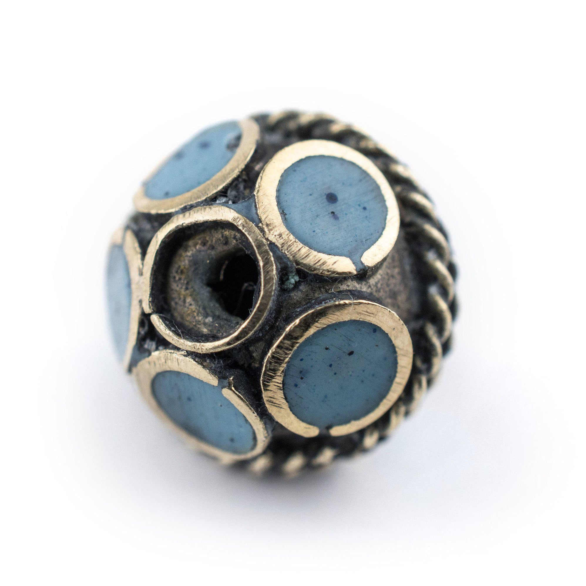 Turquoise-Inlaid Afghan Tribal Silver Bead (16mm) — The Bead Chest