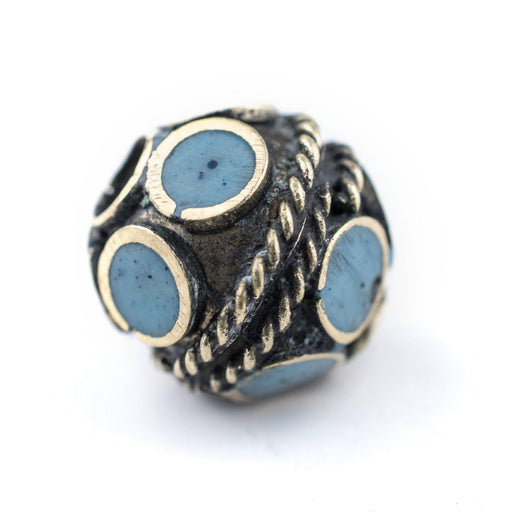 Turquoise-Inlaid Afghan Tribal Silver Bead (16mm) - The Bead Chest