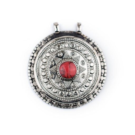 Coral-Inlaid Afghan Tribal Pendant (42x46mm)