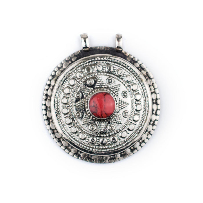 Coral-Inlaid Afghan Tribal Pendant (42x46mm) - The Bead Chest