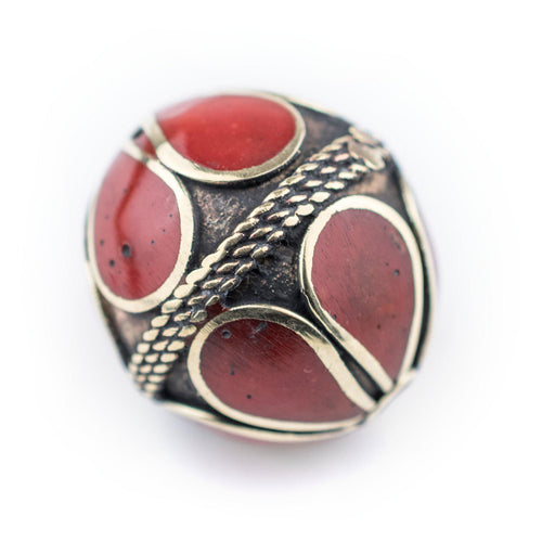 Coral-Inlaid Afghan Tribal Silver Bead (24mm)