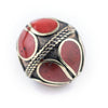Coral-Inlaid Afghan Tribal Silver Bead (25mm)