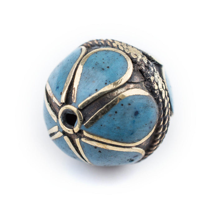 Turquoise-Inlaid Afghan Tribal Silver Bead (22mm) - The Bead Chest