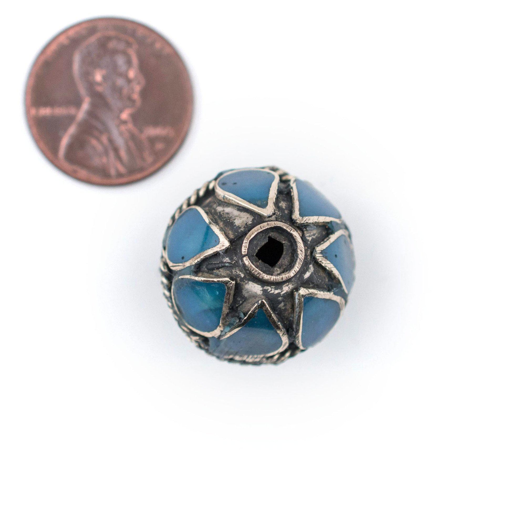 Turquoise-Inlaid Afghan Tribal Silver Bead (20mm) — The Bead Chest