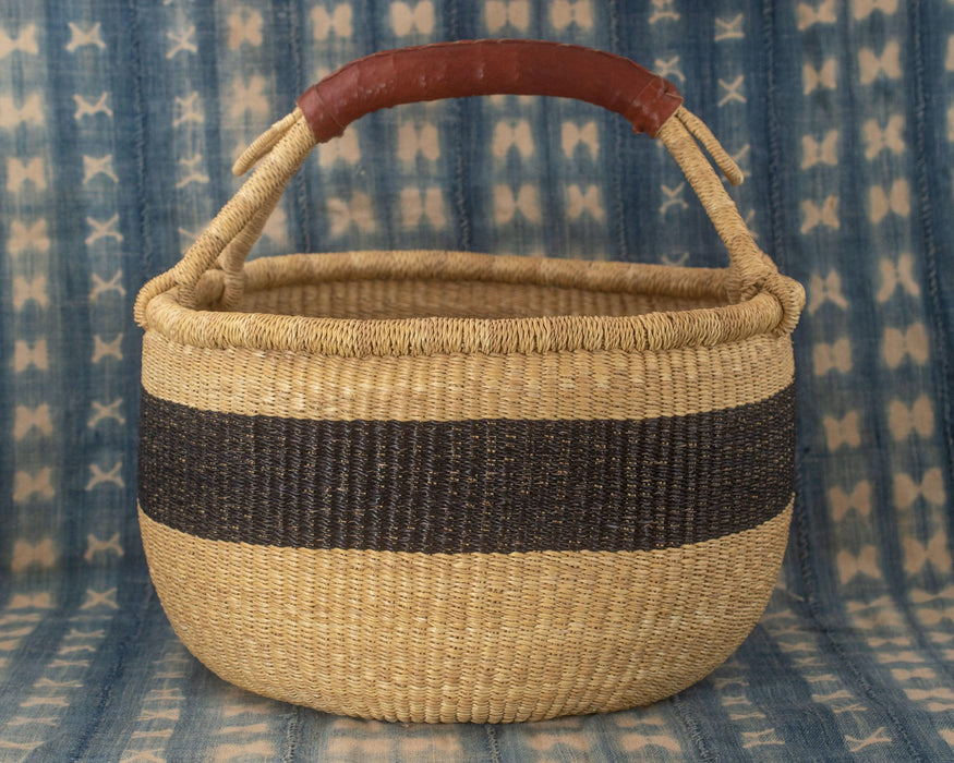 Ghanaian Bolga Basket, Striped Black, Large Size - The Bead Chest