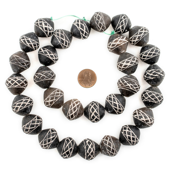Criss Cross Design Bicone Black Mali Clay Beads (22mm) - The Bead Chest