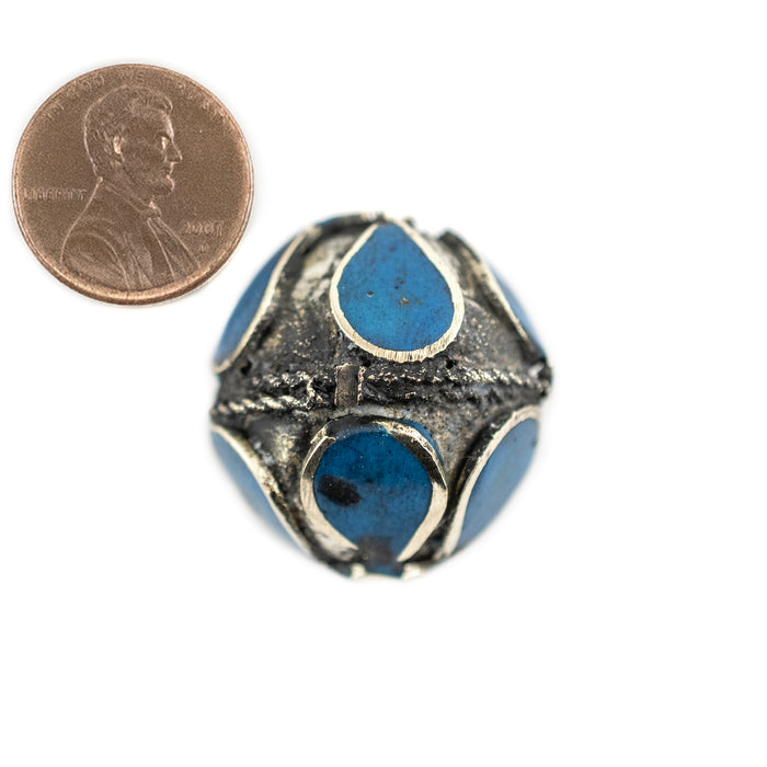 Turquoise-Inlaid Afghan Tribal Silver Bead (25mm) - The Bead Chest