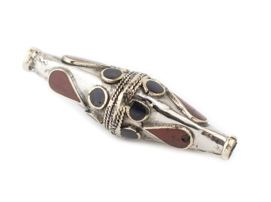 Coral and Lapis-Inlaid Elongated Afghan Tribal Silver Bead (60x18mm) - The Bead Chest