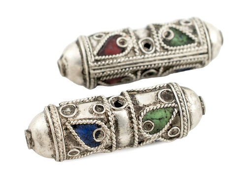 Elongated Artisanal Enameled Silver Berber Beads (Set of 2) - The Bead Chest
