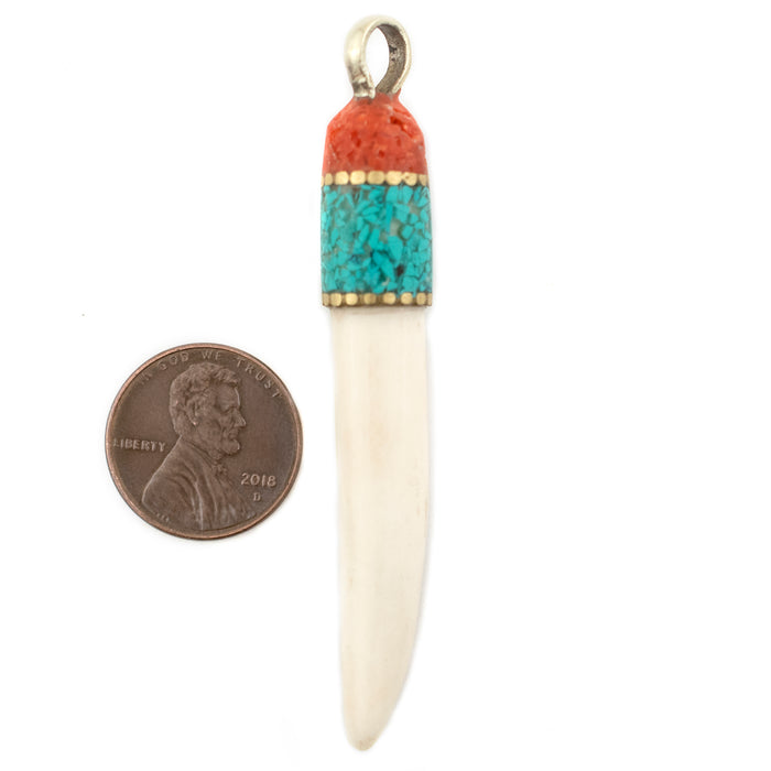 Turquoise & Coral Inlaid Bone Tooth Pendant - The Bead Chest