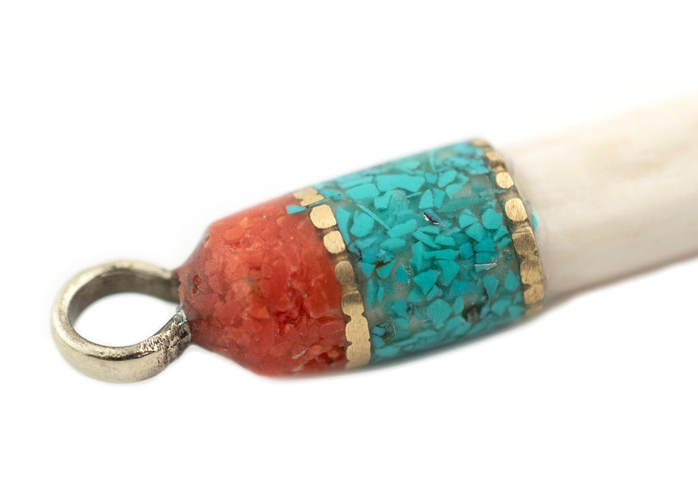 Turquoise & Coral Inlaid Bone Tooth Pendant - The Bead Chest