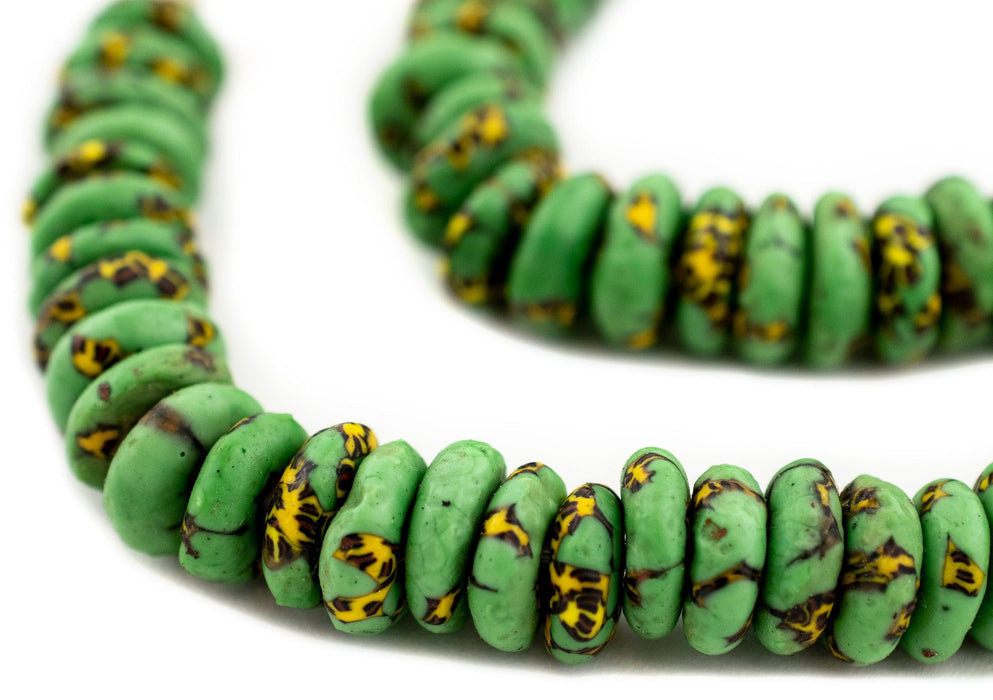 Dinosaur Green Fused Rondelle Recycled Glass Beads (14mm) - The Bead Chest