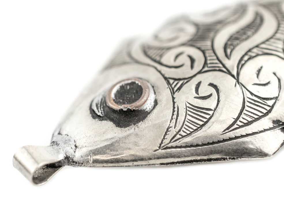 Engraved Moroccan Silver Fish Pendant - The Bead Chest