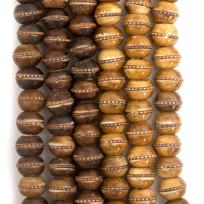 Copper Inlaid Rustic Brown Bone Mala Beads (10mm) - The Bead Chest