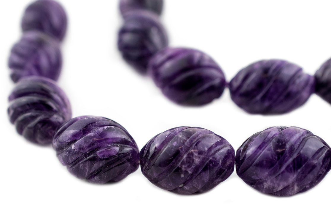 Carved Spiral Oval Amethyst Beads (25x18mm) - The Bead Chest
