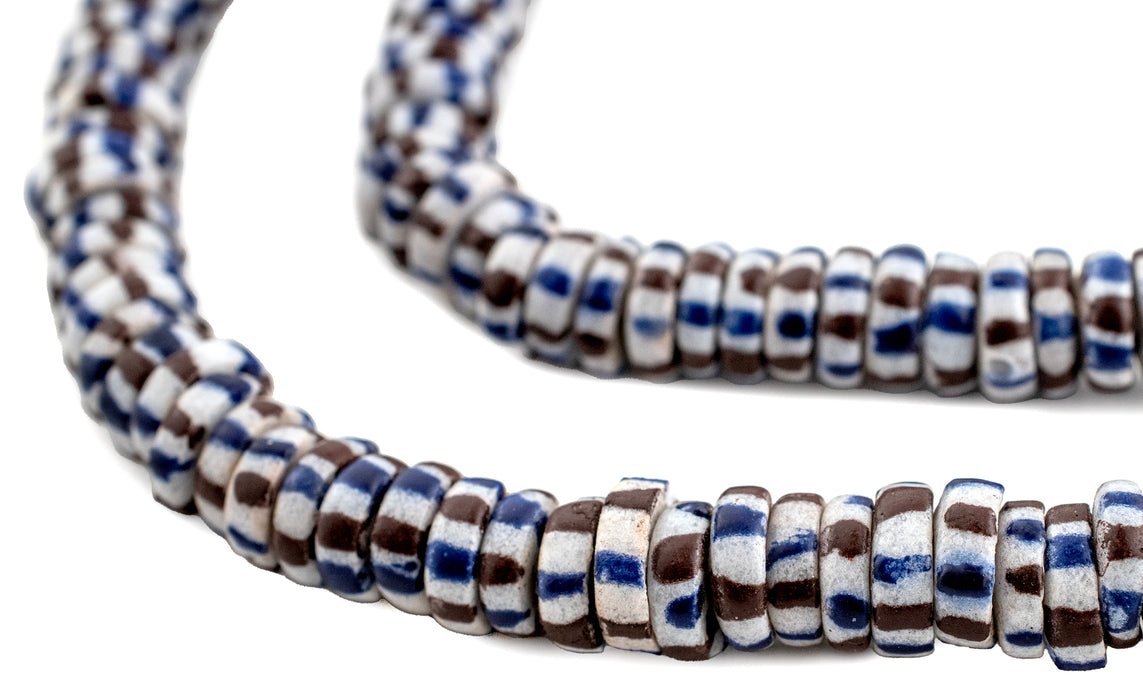 Blue & Brown Chevron-Style Aja Krobo Beads (10mm) - The Bead Chest